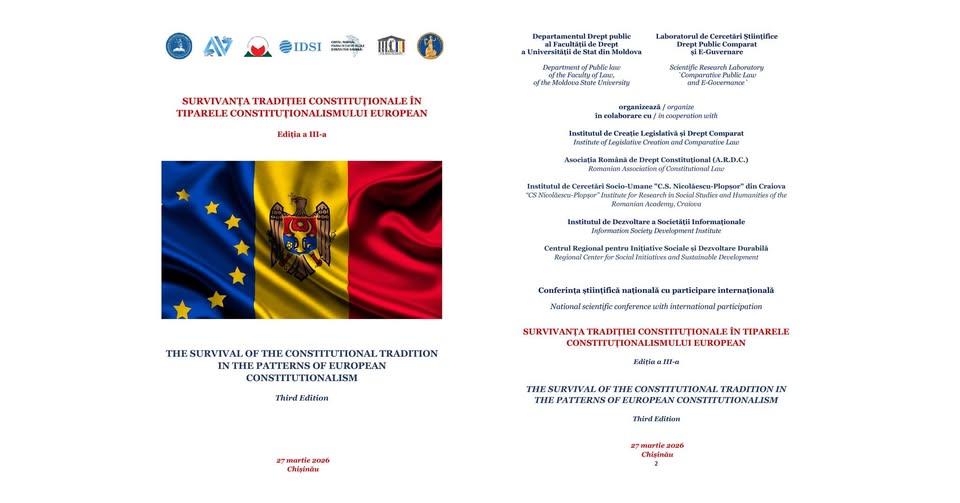 Coperta programului conferinței „Survivanța tradiției constituționale în tiparele constituționalismului european”, ediția a III-a, Chișinău, 27 martie 2026